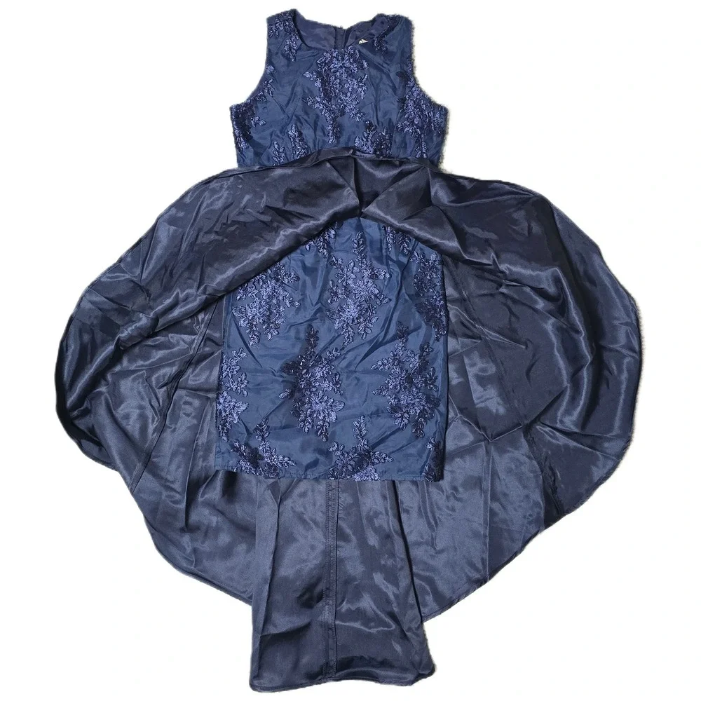 Girls Navy Blue Lace Overlay High‎ Low Dress with Rhinestone Belt Special (AC)